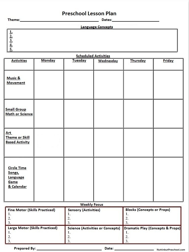 Blank Preschool Weekly Lesson Plan Template |  My Printable within Monthly Planner Template For Children
