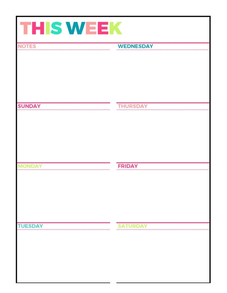 Bright Weekly Planner Printable Week On 1 Page | Etsy pertaining to Monday To Friday Weekly Planner