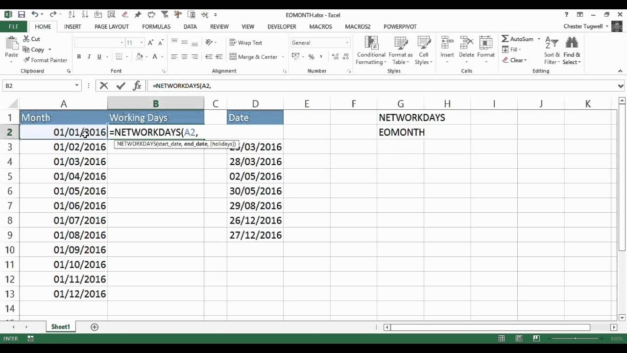 Calculate The Number Of Working Days In Each Month Using Excel for Days Of Month With Number