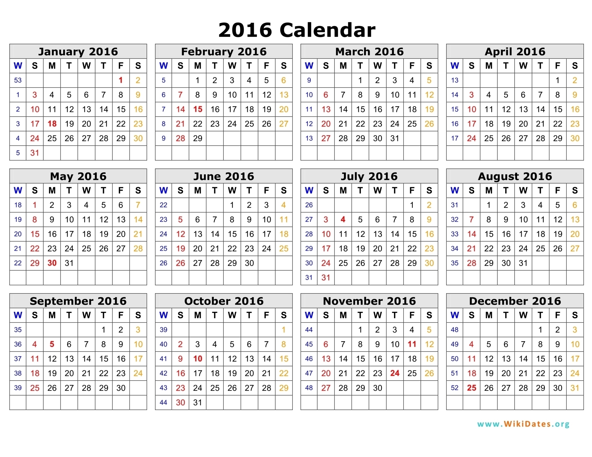Calendar 2016 12 Months, Indicating Number Weeks 2016 Calendar with regard to Number Of Weeks In A Year Calendar