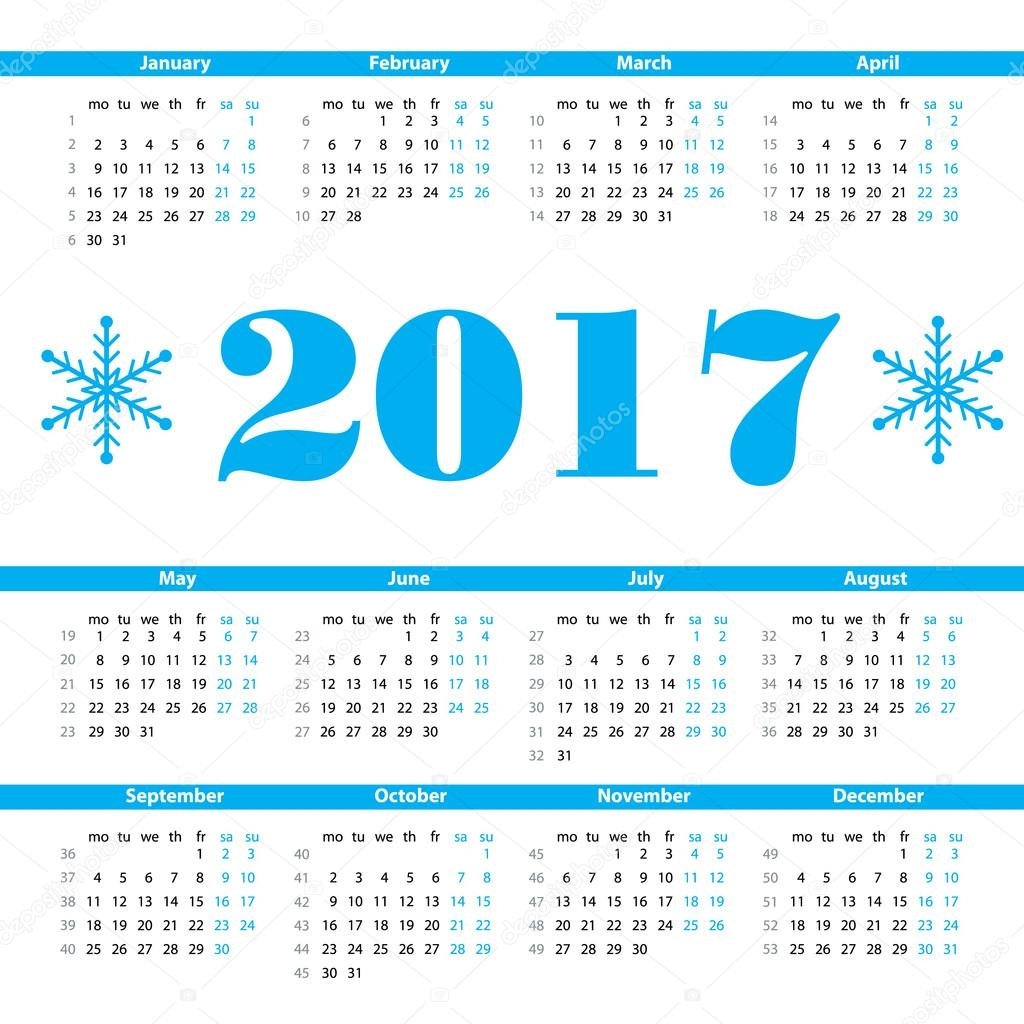 Calendar 2017 Year Vector Design Template With Week Numbers And with regard to Week Of The Year Number Calendar