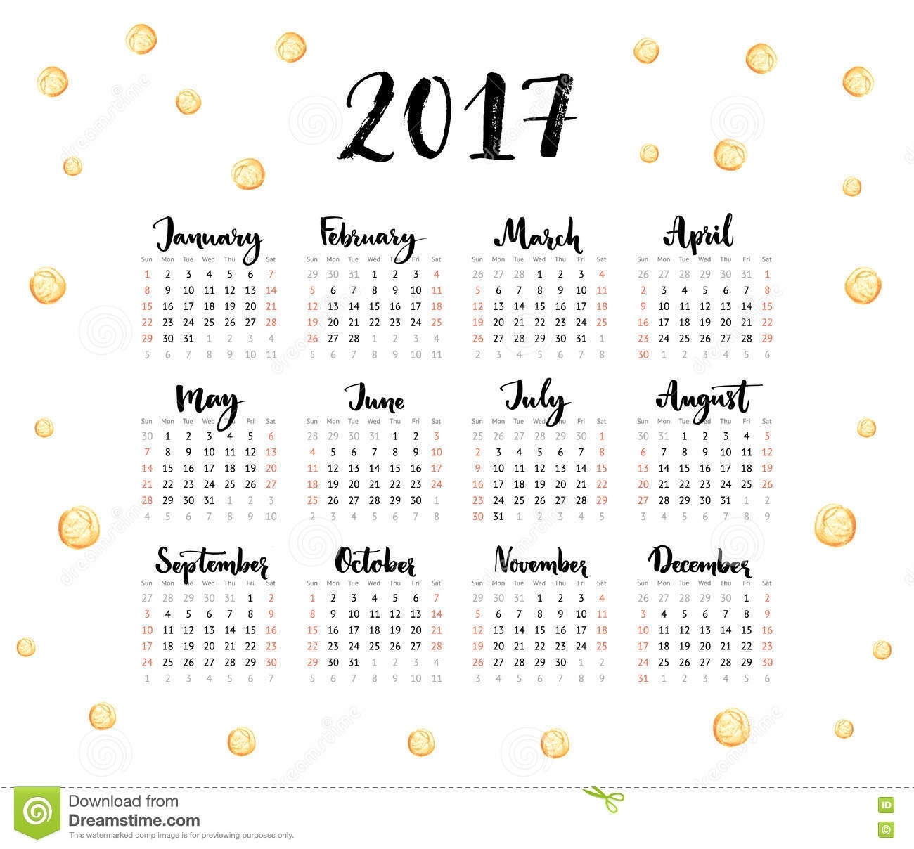 Calendar 2017 Year. Week Starts Sunday. One Sheet With Handwritten with Calendar With All The Years