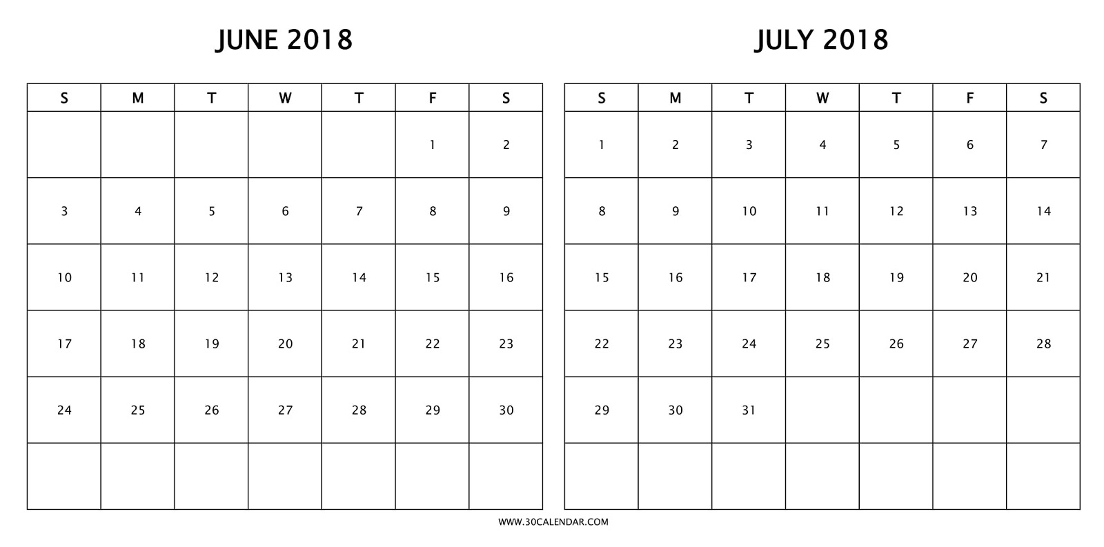 Calendar 2018 June July To Print | 2 Months 2018 Calendar Template regarding June And July Month Calendar