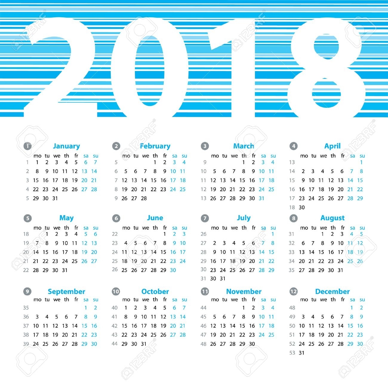 Calendar 2018 Year Vector Design Template With Week Numbers And with Week Of The Year Number Calendar