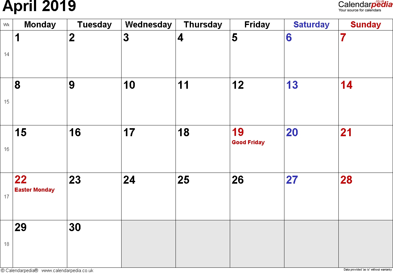 Calendar April 2019 Uk, Bank Holidays, Excel/pdf/word Templates inside Month Calendar Beginning On Monday