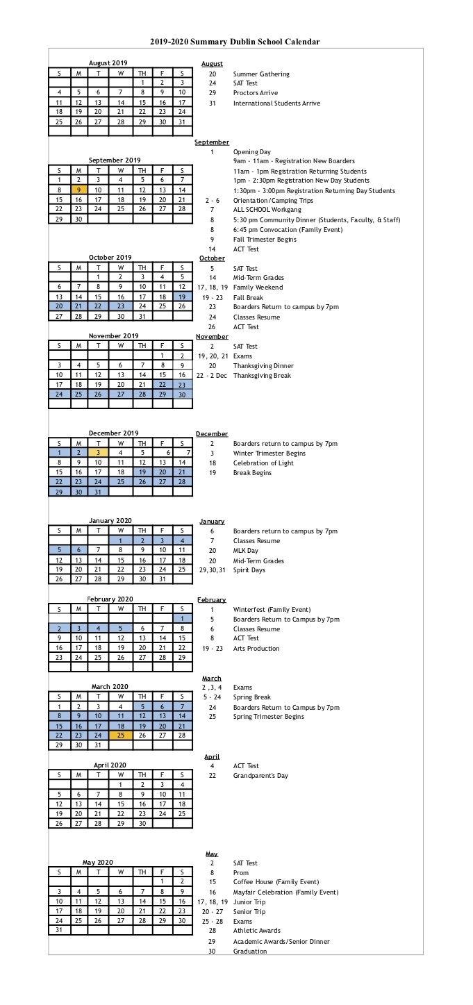 Calendar At A Glance 2019/2020 — Dublin School with regard to Year Calendar At A Glance