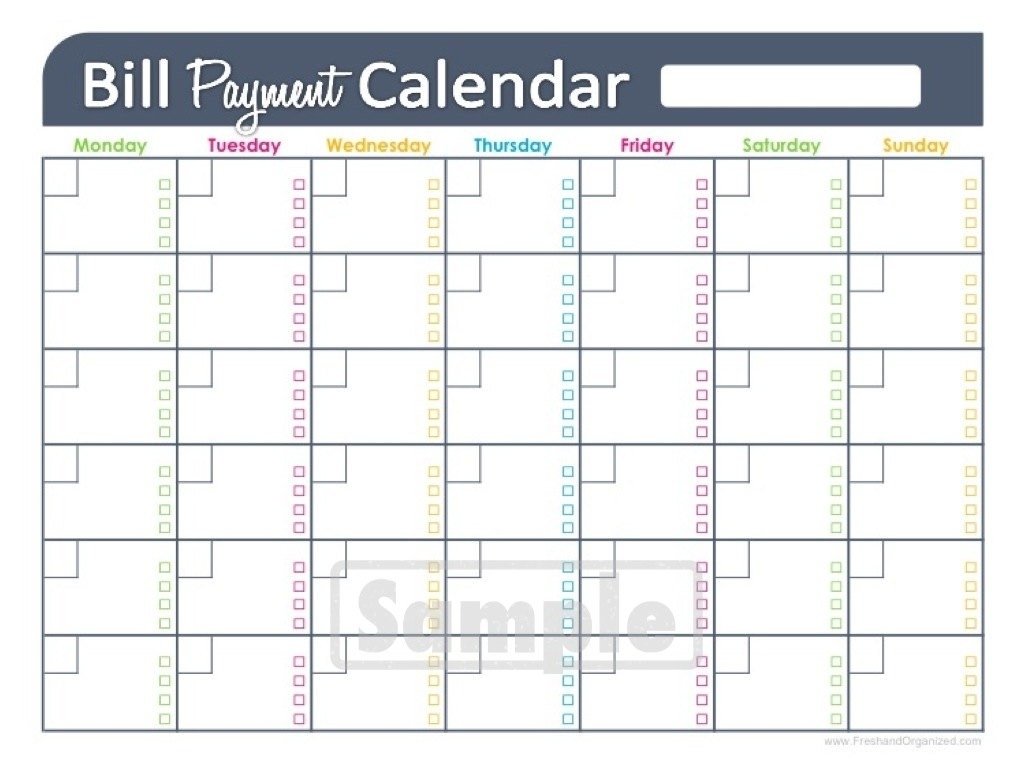 Monthly Calendars For Bill Paying