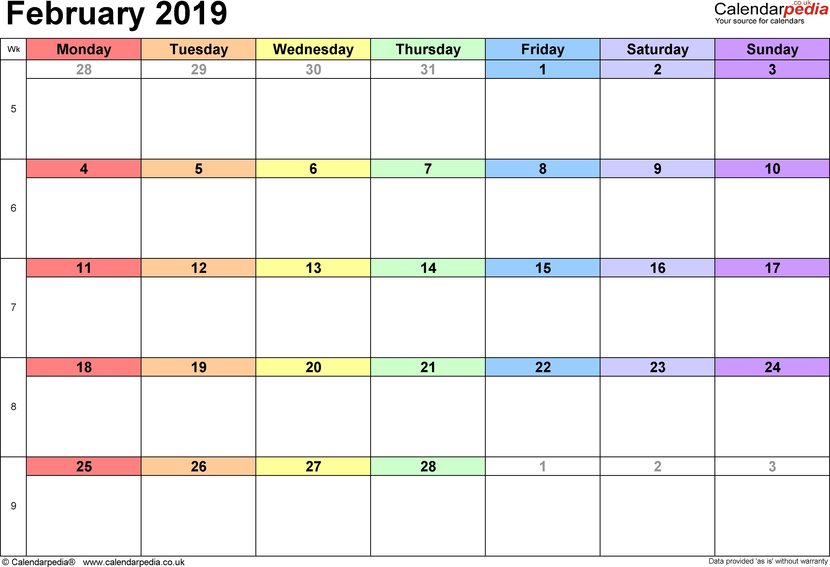 Calendar February 2019 Uk, Bank Holidays, Excel/pdf/word Templates in Calendar Blank Printable Monday Start A4