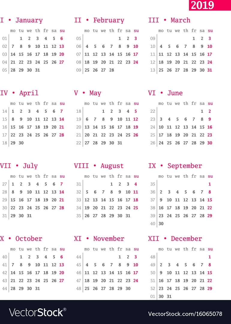 Calendar For 2019 Year With Week Numbers On White Vector Image within Week Of The Year Number Calendar
