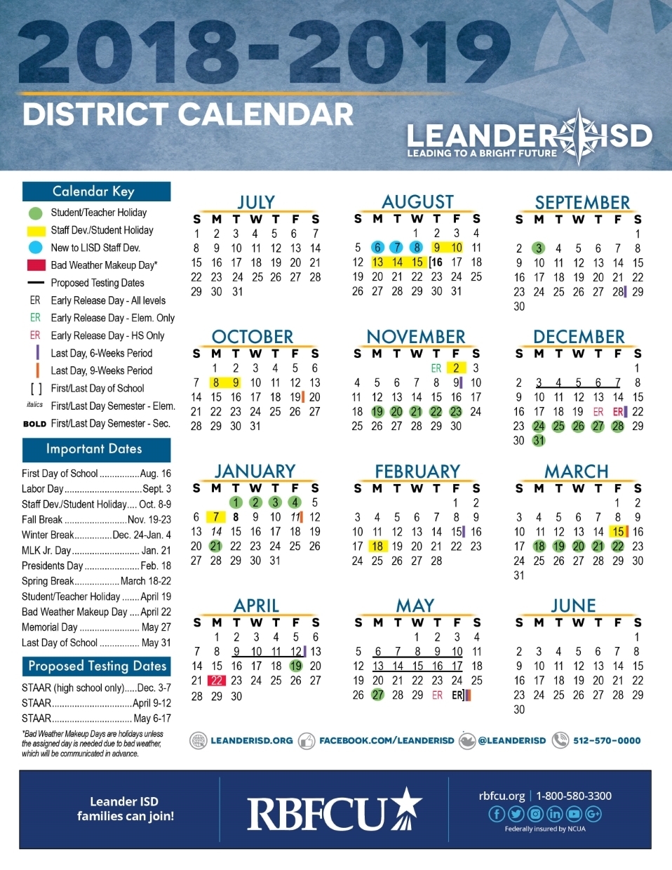 Calendar - Leander Independent School District regarding Blank 5 Day School Timetable