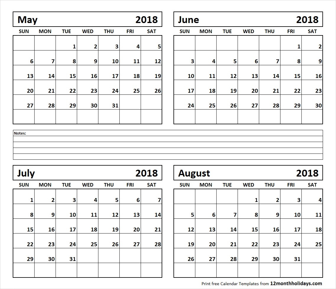 Calendar May To August 2018 Printable 10 May June July August 2018 inside Printable Calendar For May June July