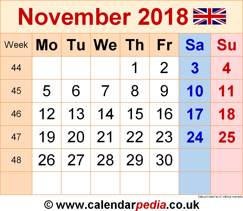 Calendar November 2018 Uk, Bank Holidays, Excel/pdf/word Templates within Ideas For Calendar In November