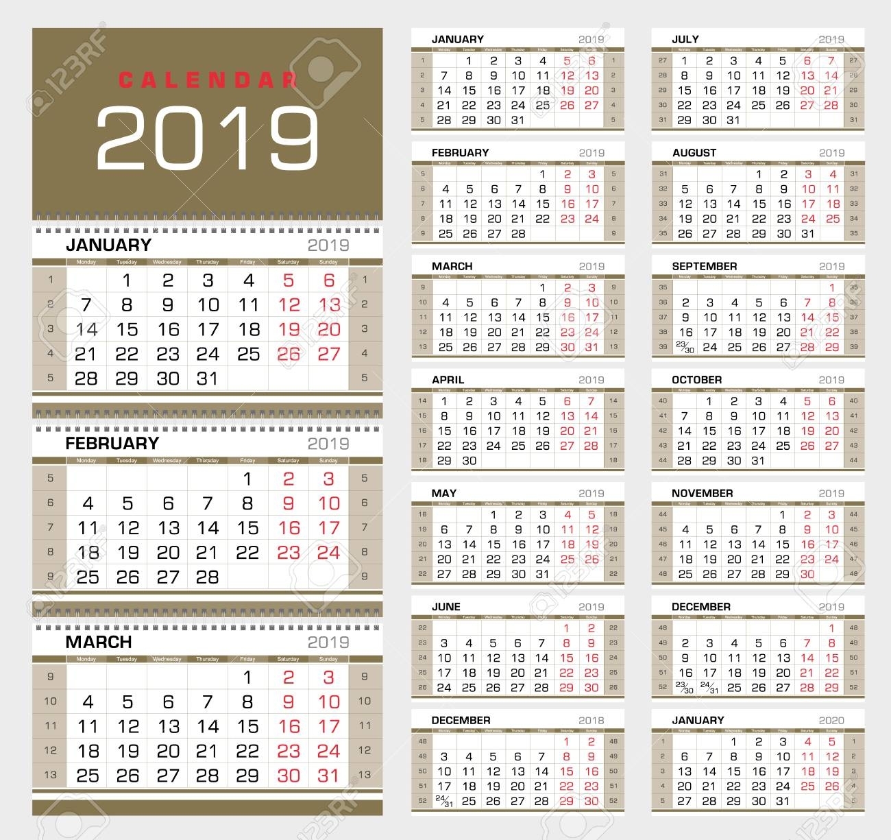 Calendar Planner Template 2019. Week Start From Sunday. Set Of in 4 Week Calendar To Print