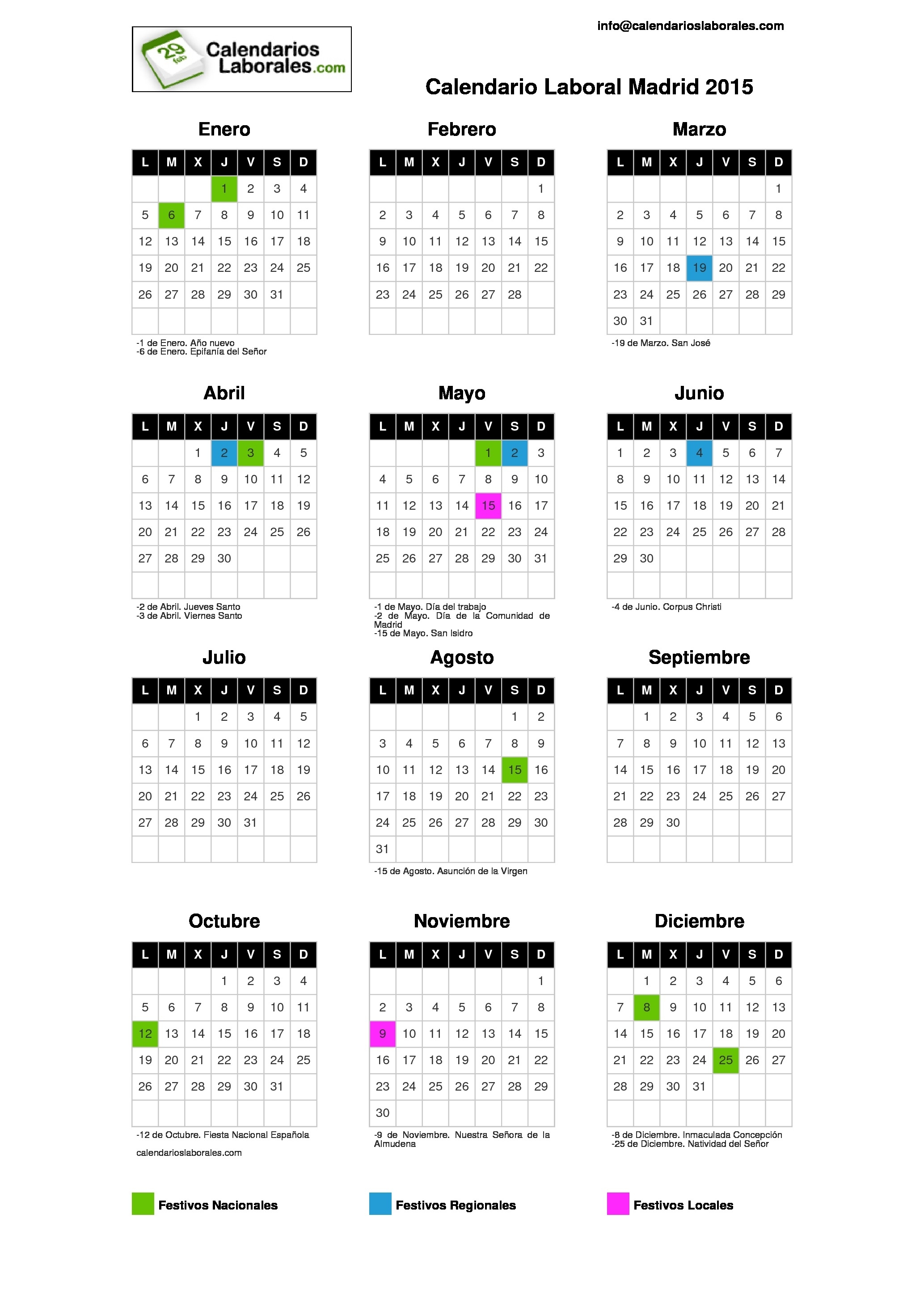 Calendario Laboral Madrid 2015 within Calendario 2015 Para Imprimir Pdf