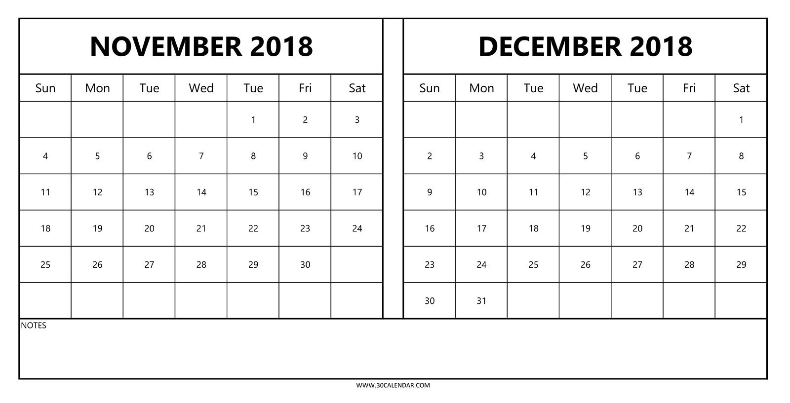 Calendars November And December 2018 | Template Calendar Printable within Blank Calendar For November And December