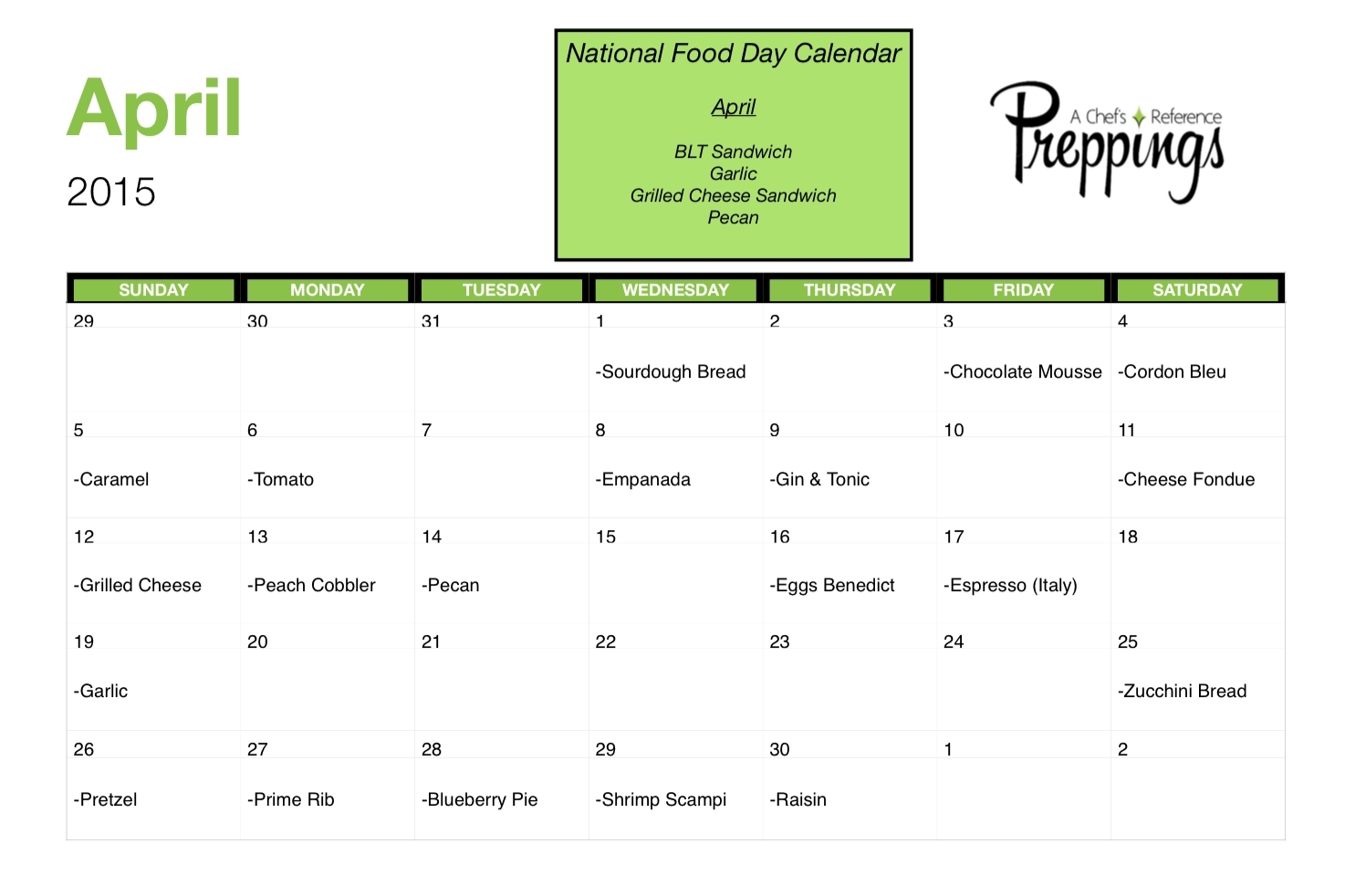 Calender With National Food Days