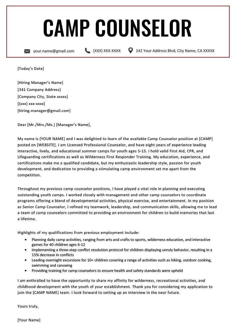 Camp Counselor Cover Letter Sample &amp; Tips | Resume Genius in Free Download Blank Summer Camp Application