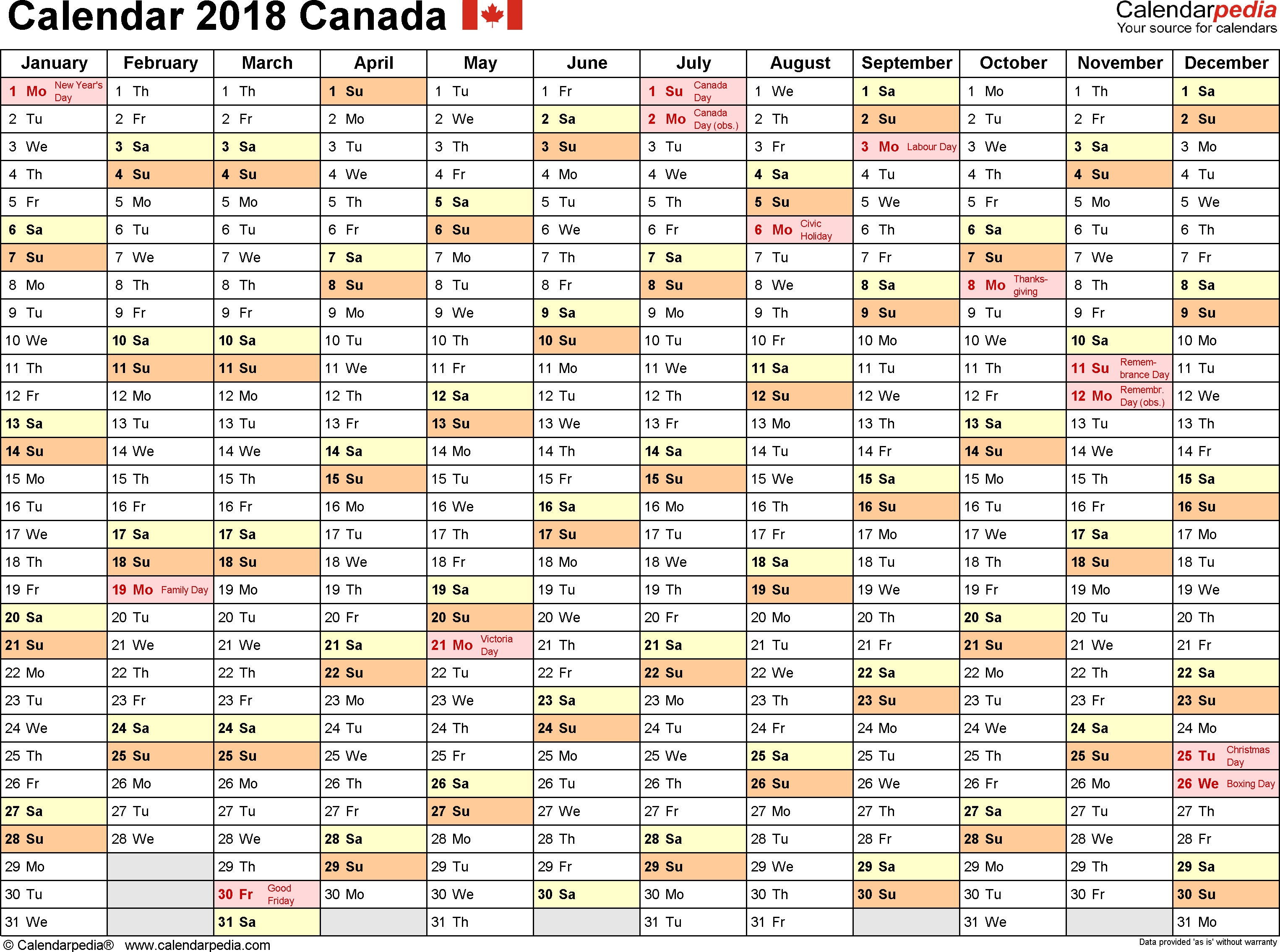 Canada Calendar 2018 - Free Word Calendar Templates in Monthly Calendar - Vacation Themed