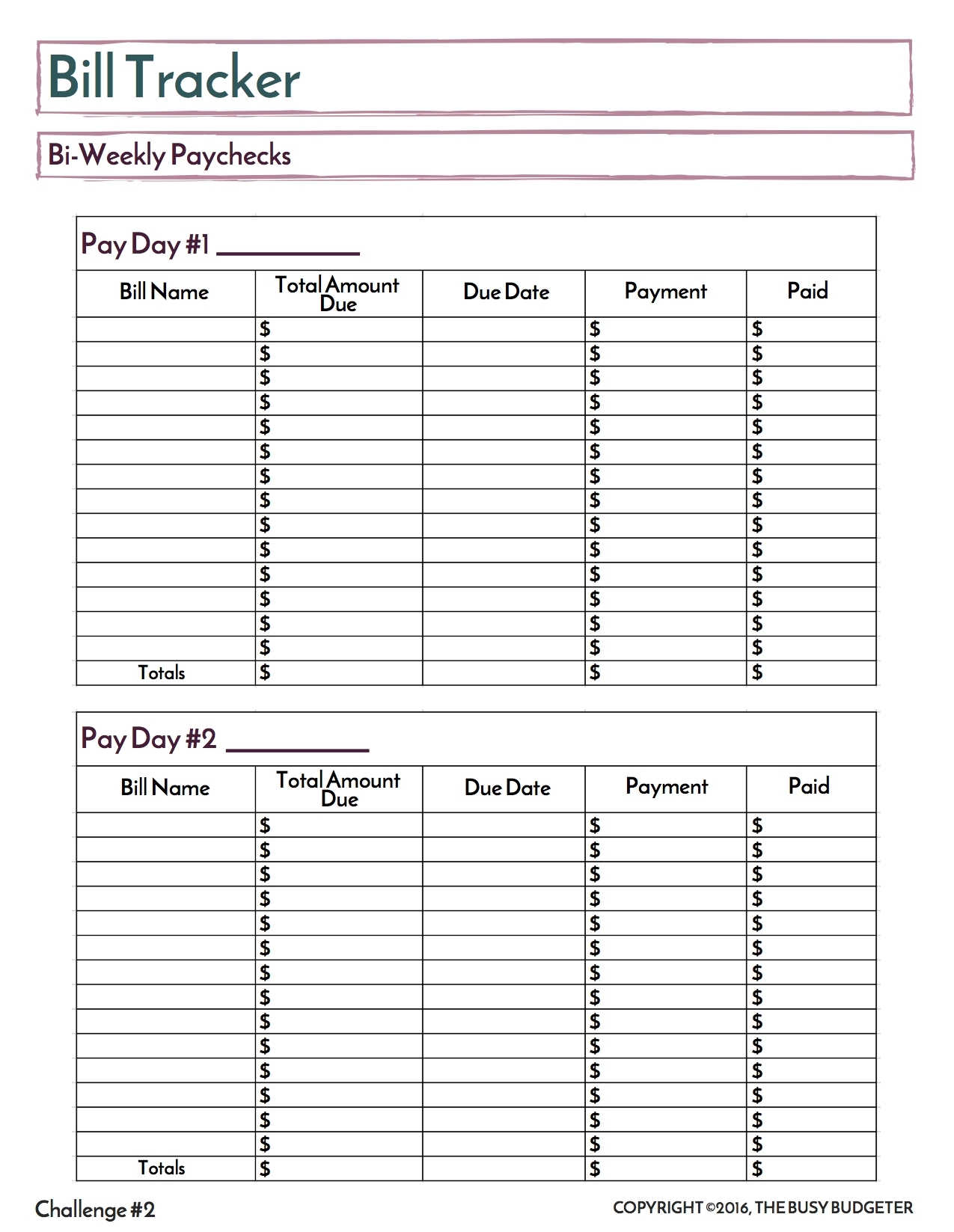 Challenge throughout Bills Due By Paycheck Free