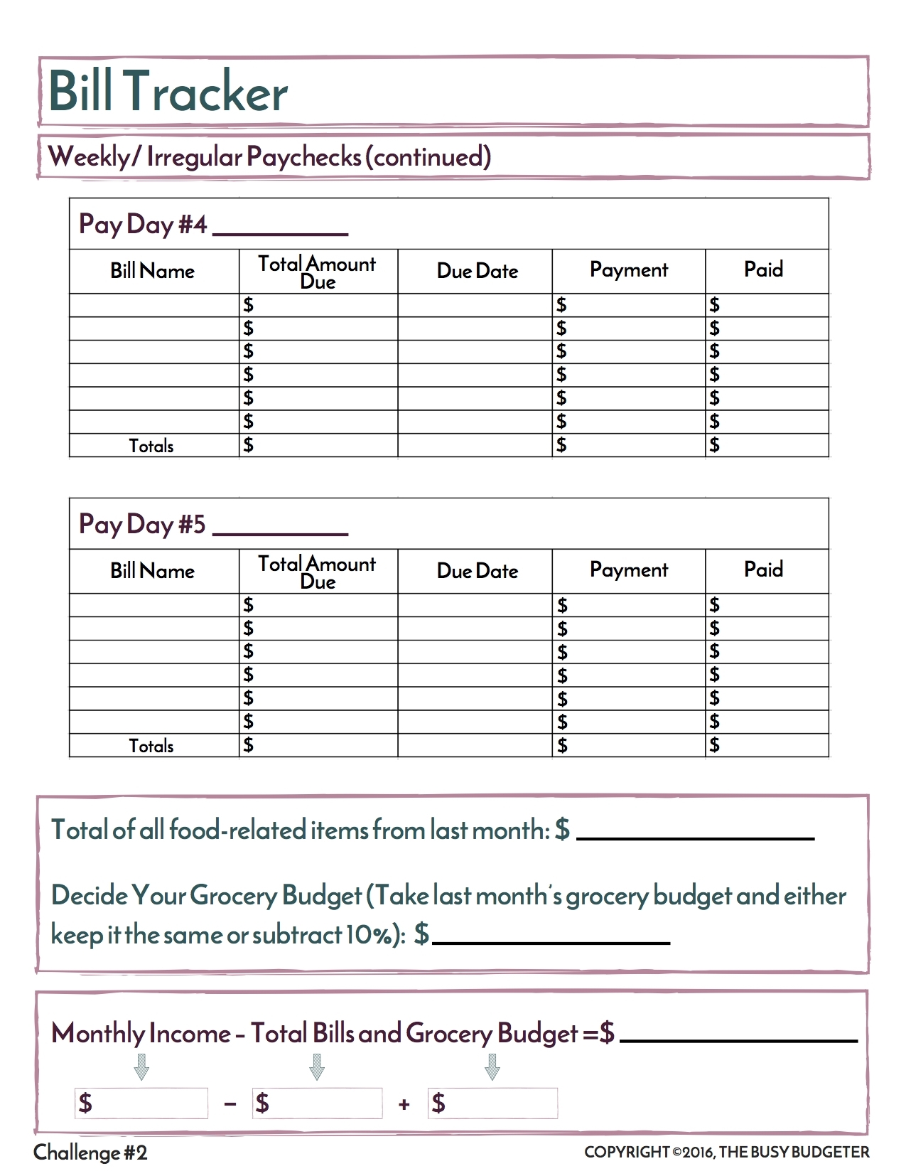 Challenge throughout Bills Due By Paycheck Free