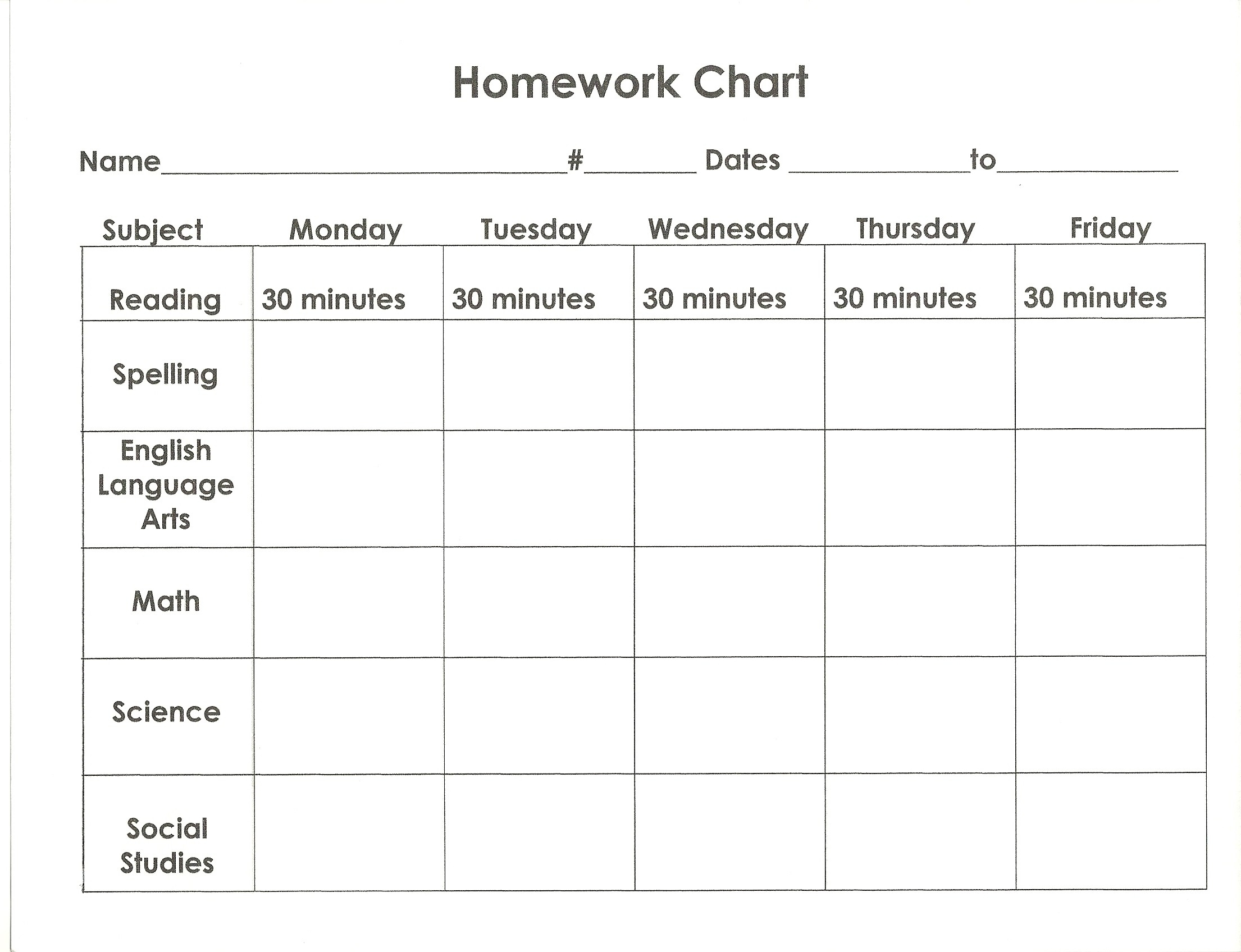 1St Grade Homework Chart Templates