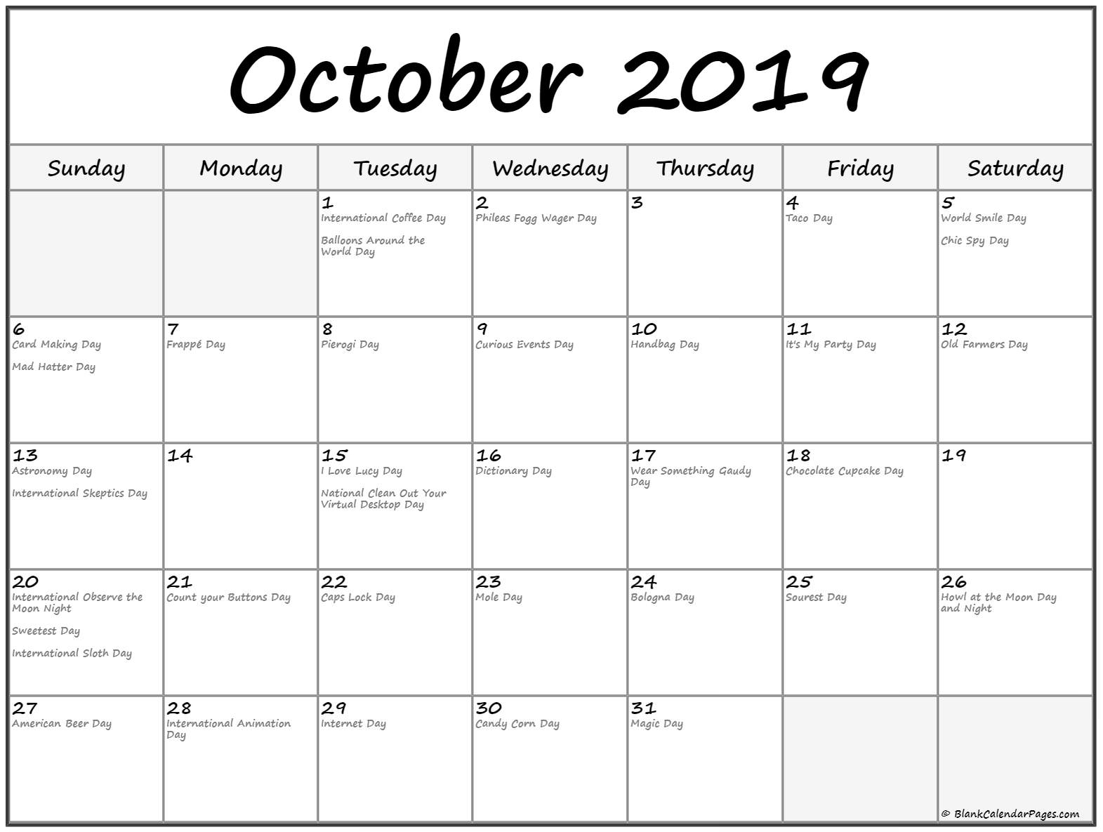 Collection Of October 2019 Calendars With Holidays inside Holiday Themed Cupcake Templates For Calendar