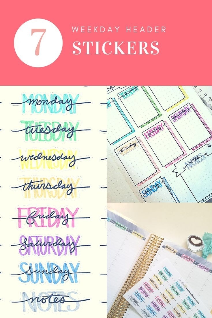 Colorful Weekday Headers Planner Stickers | Hand Drawn Bujo Style intended for 7 Days A Week Planner