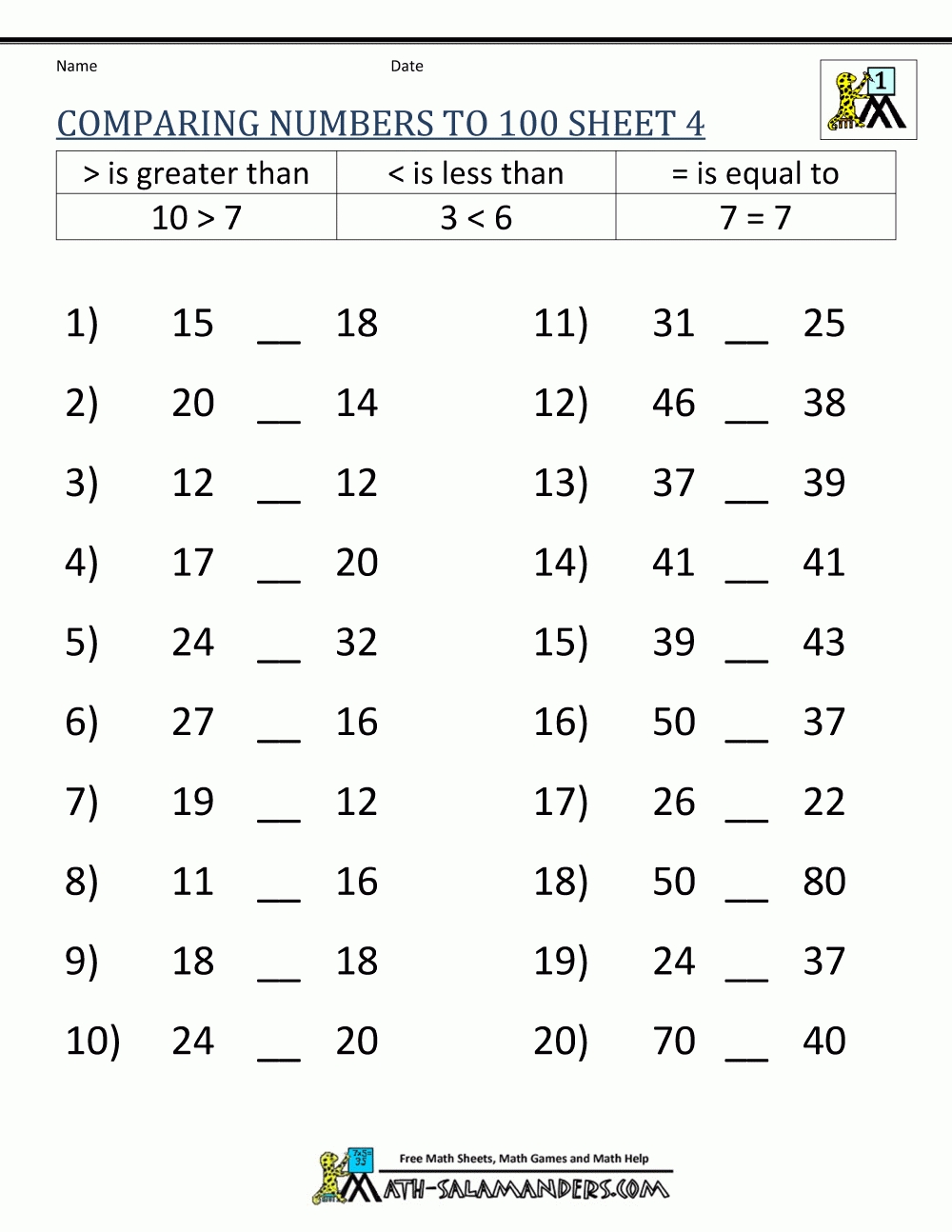 Compare Numbers Worksheet | Greater Than Less Than Worksheet for Homework Pages For 1St Grade