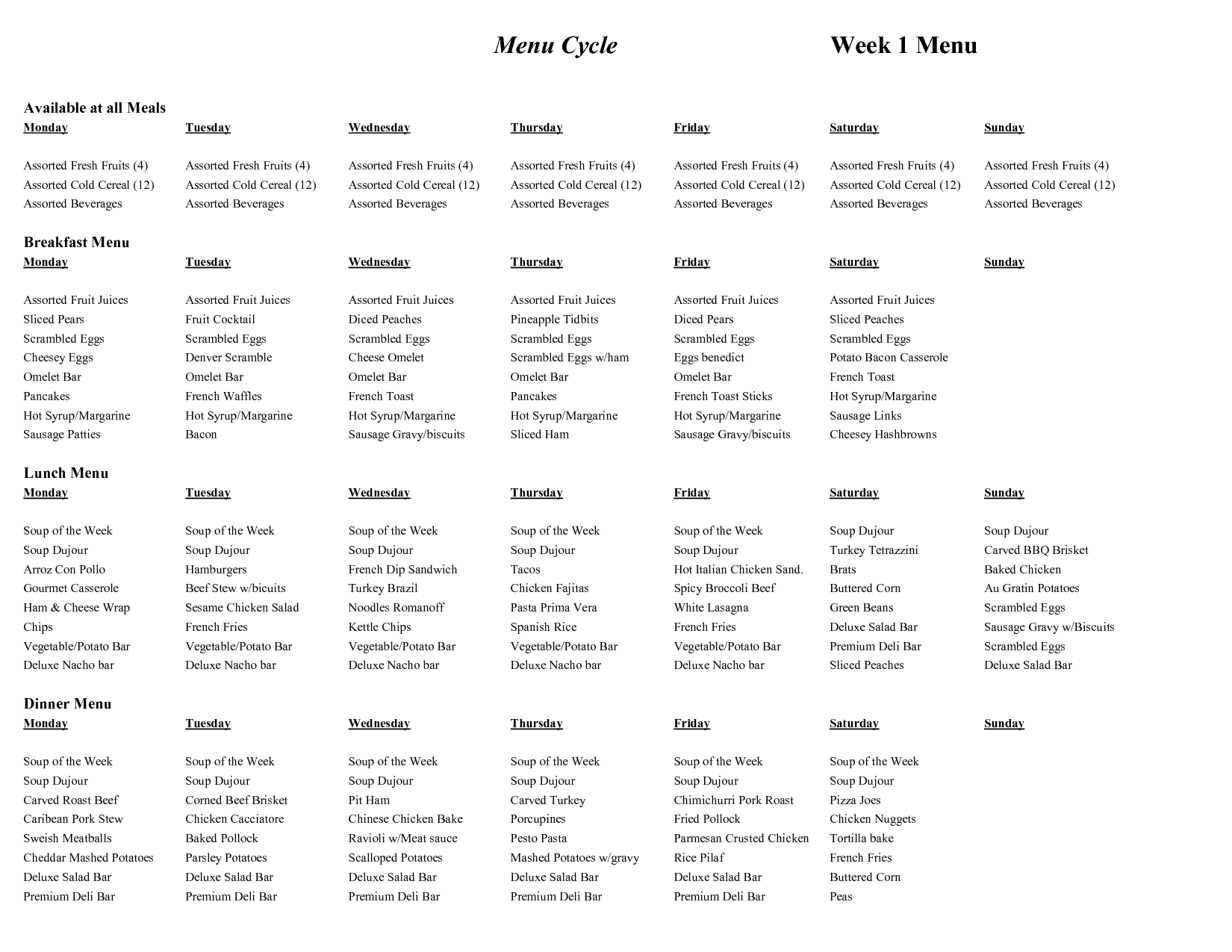 Cycle Menu Template | Menu Cycle Week 1 Menu | Food In 2019 | Menu throughout Monthly 5 Week Menu Rotation Template