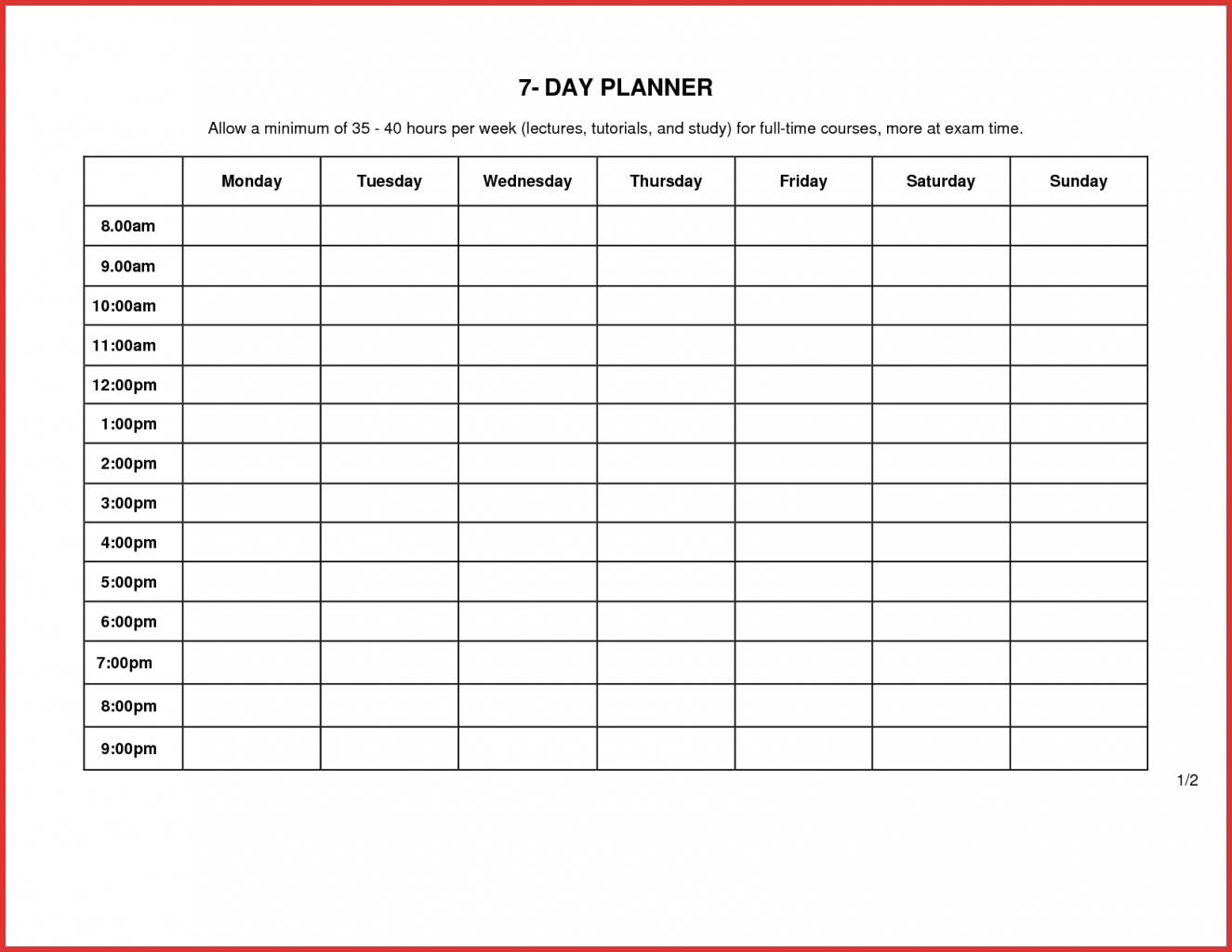 Days Of The Week Schedule Printable