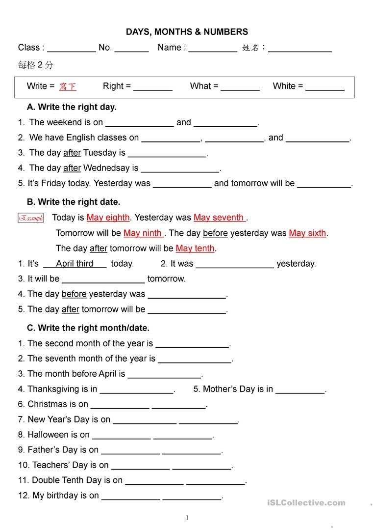 Days, Months And Numbers Worksheet - Free Esl Printable Worksheets within Numbers Days Of The Month