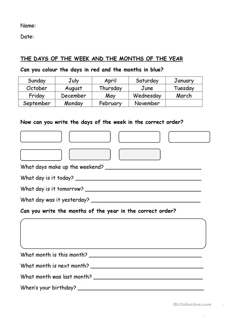 Days Of The Week And Months Worksheet - Free Esl Printable inside July-December Writing Months Of The Year Worksheet