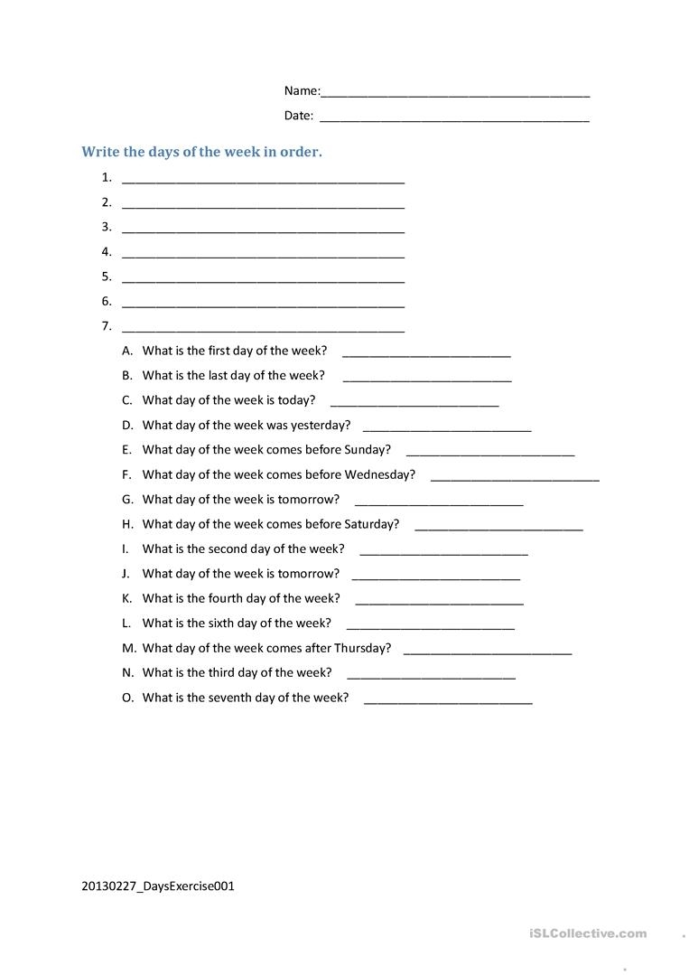 Days Of The Week Exercise Worksheet - Free Esl Printable Worksheets intended for Arabic Printable Days Of The Week