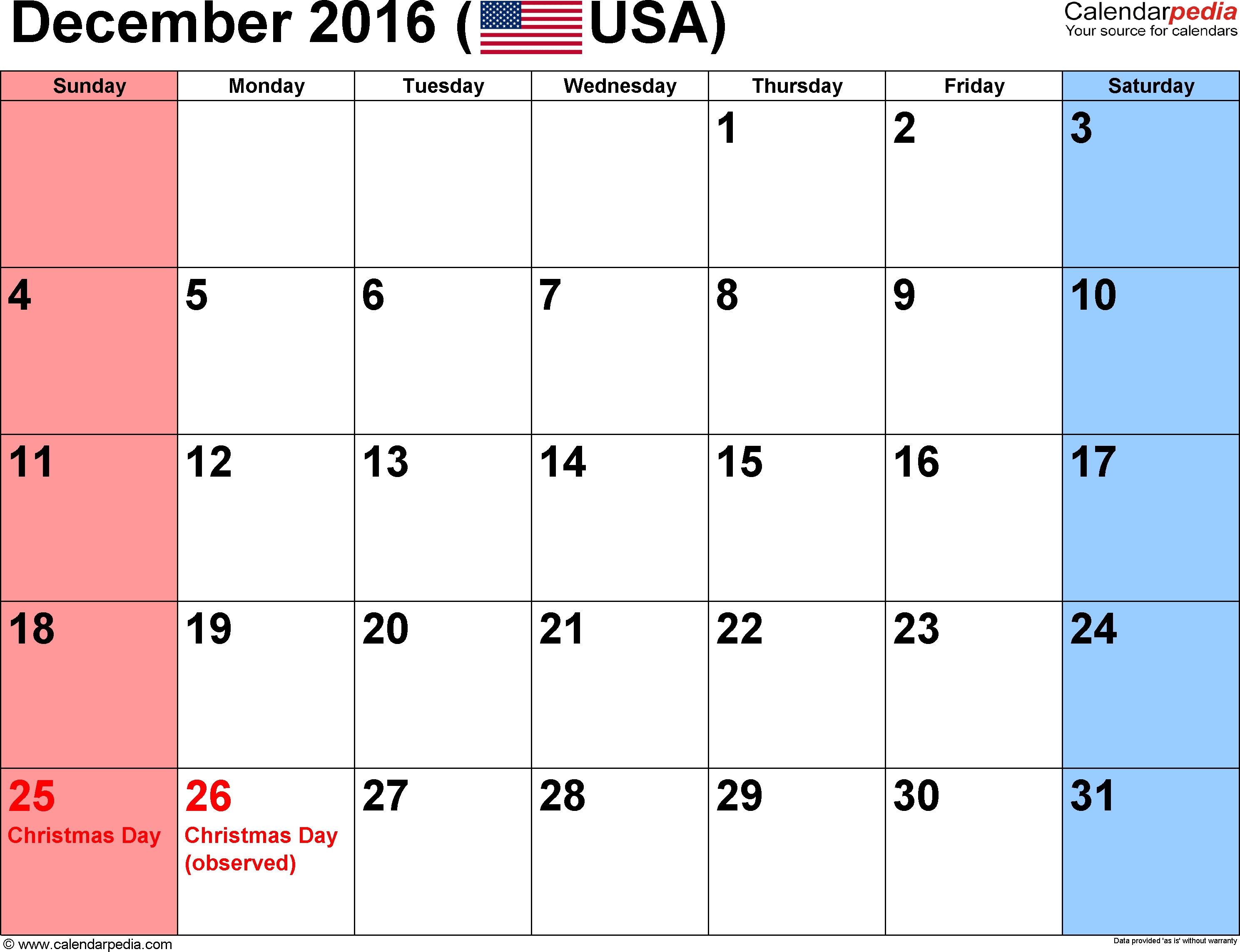 December 2016 Calendars For Word, Excel &amp; Pdf throughout Fillable Monthly Calendar December 2015