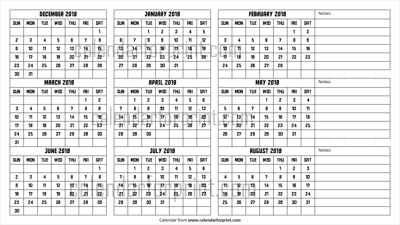 December 2018 To August 2019 Calendar | Design Dec To Aug 2019 regarding Calander From August - December