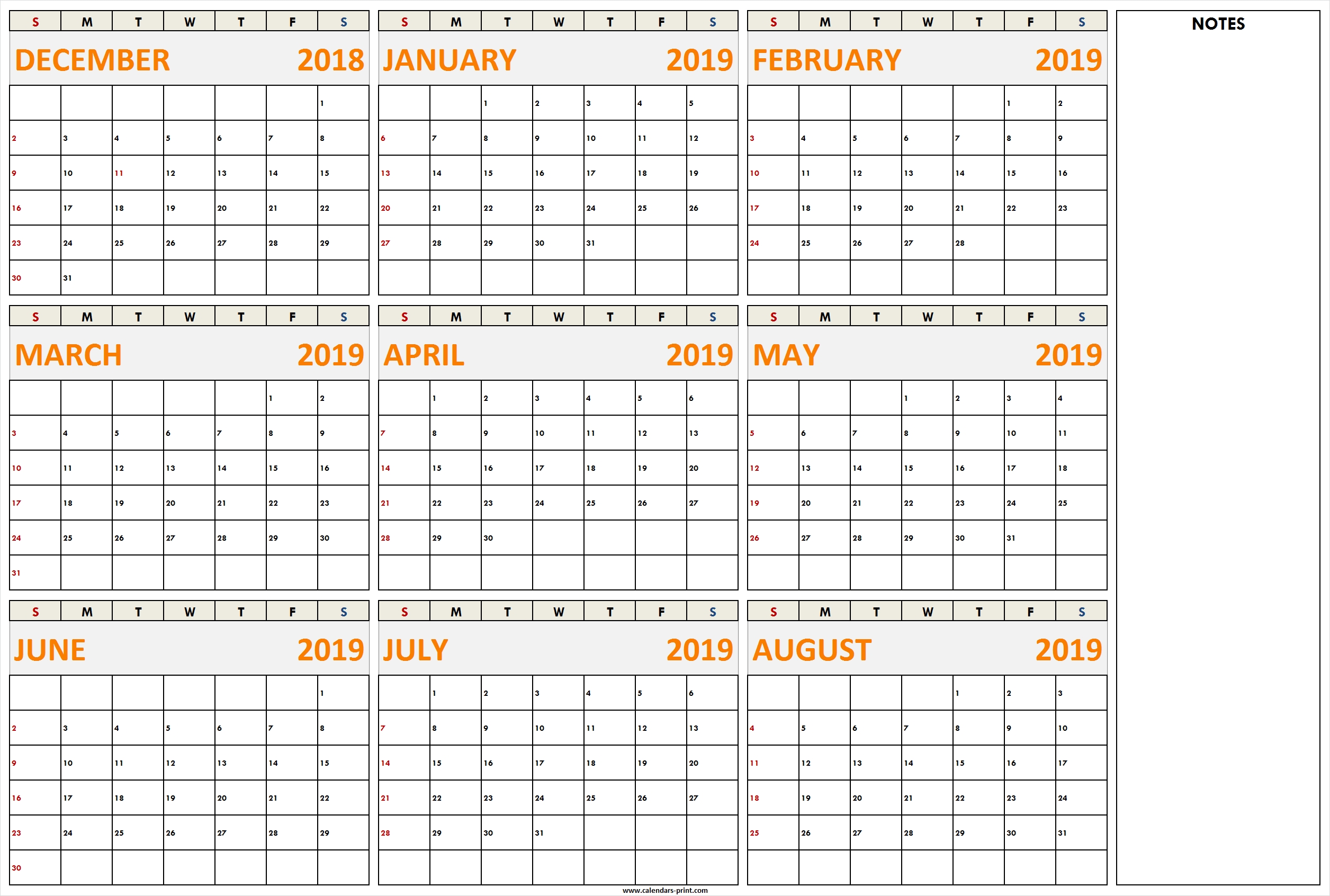 December 2018 To August 2019 Calendar Printable Template With Notes in Month Of August Calendar With Lines