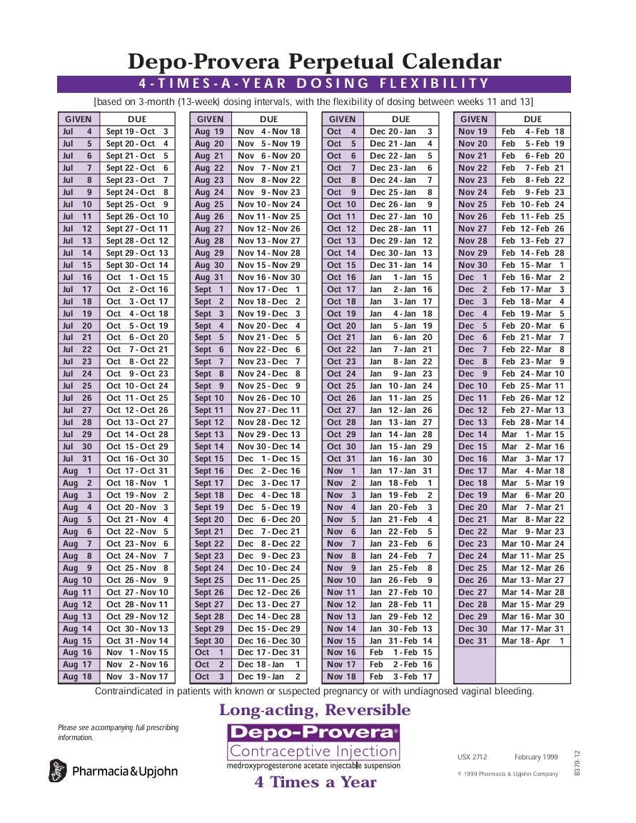 Calendar For Depo Provera Injections