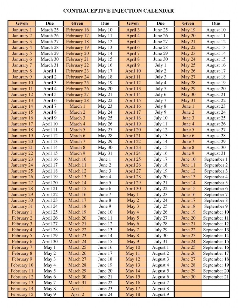 Calendar For Depo Provera Injections Calendar For Depo Provera Injections