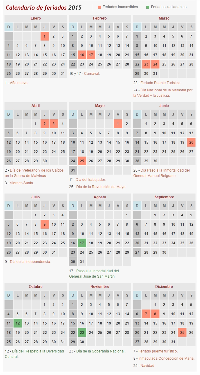 Días Feriados Y No Laborables 2015 - El Portal De Mendoza pertaining to Calendarios 17 Feriados En Chile