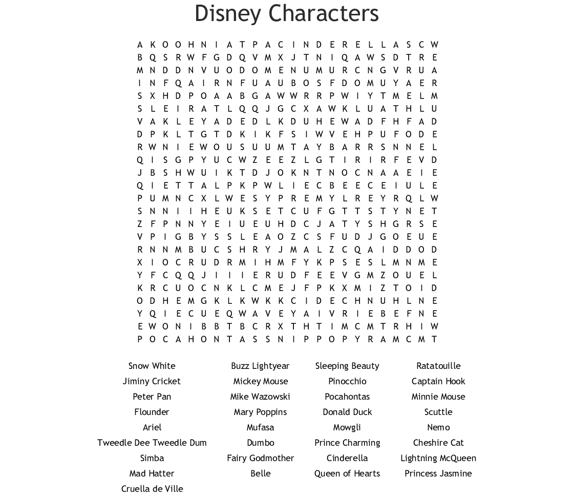 Disney Characters Word Search - Wordmint inside Disney Princess Word Search Printable