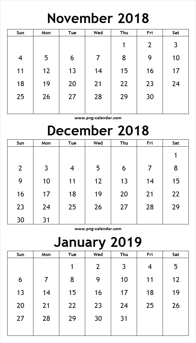 Download Blank November December 2018 January Calendar 2019 | 3 throughout Download A 3 Month Calendar