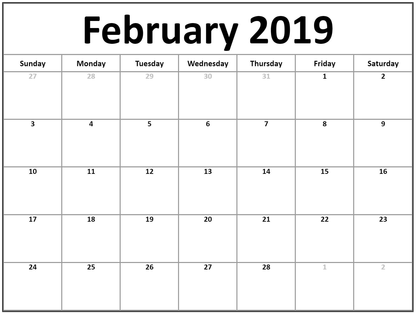 Download Free February 2019 Blank Calendar Templates | Template pertaining to Blank Monthly Calendar To Download Free