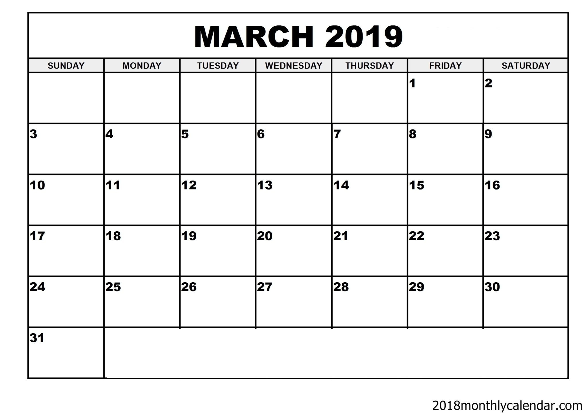 Download March 2019 Calendar – Blank Template - Editable Calendar for Free Fill In Calendar Templates Month