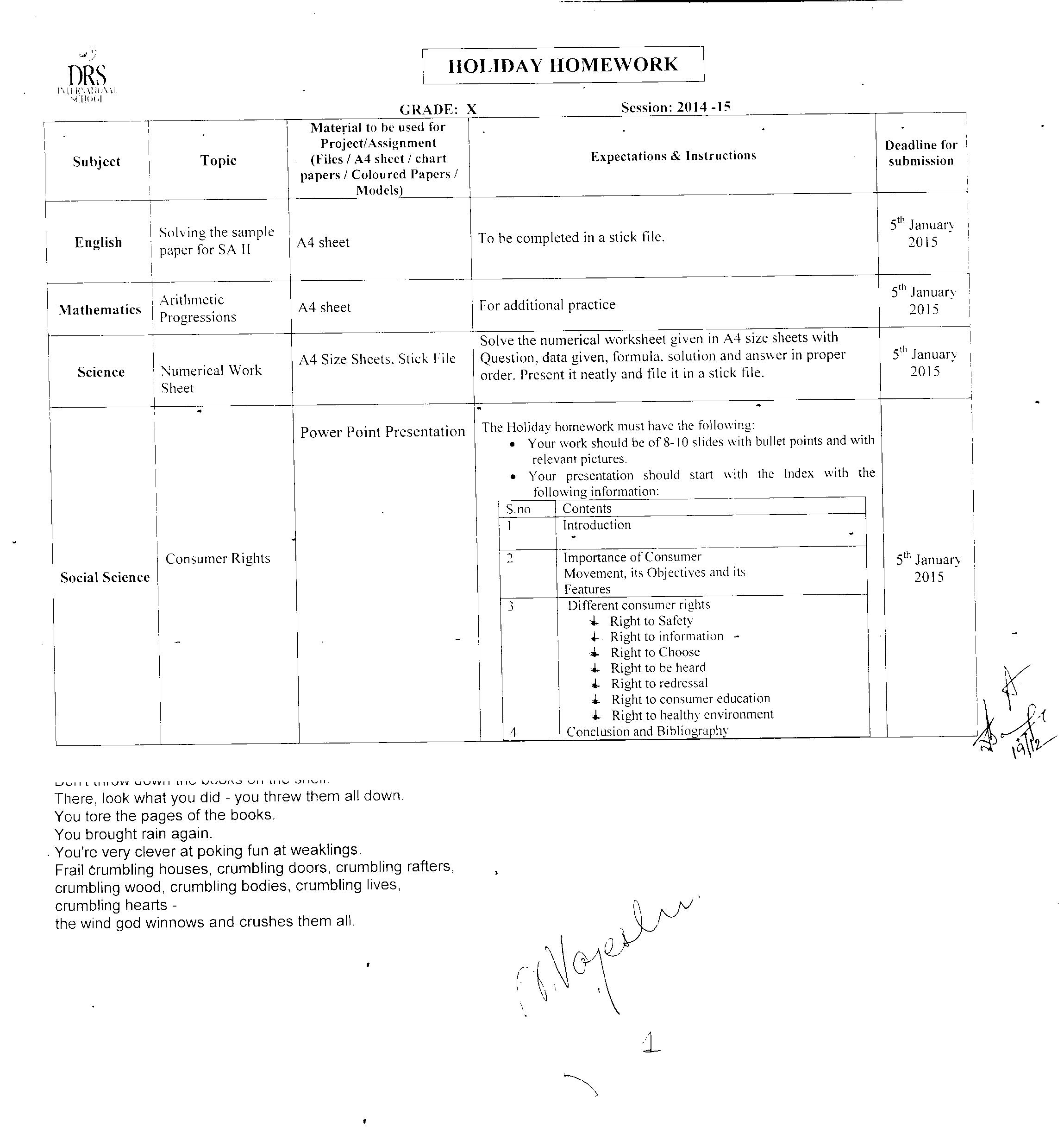 Drs International School in Holiday Hw For Grade 1