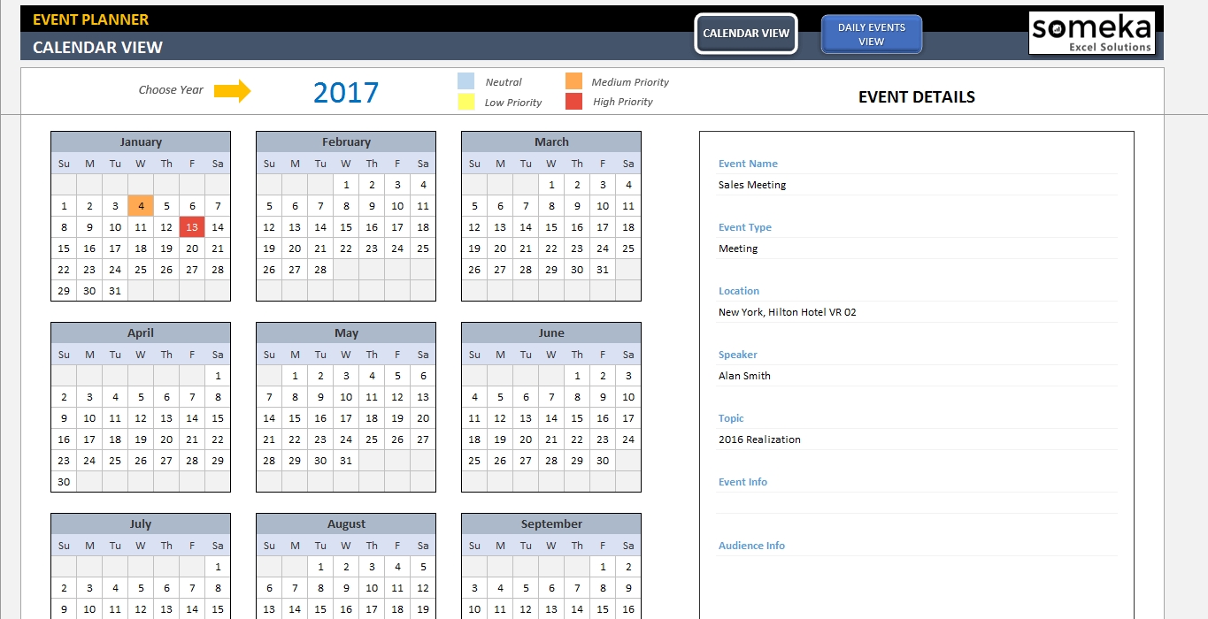 Dynamic Event Calendar - Interactive Excel Tempate throughout Template For An Event Calendar