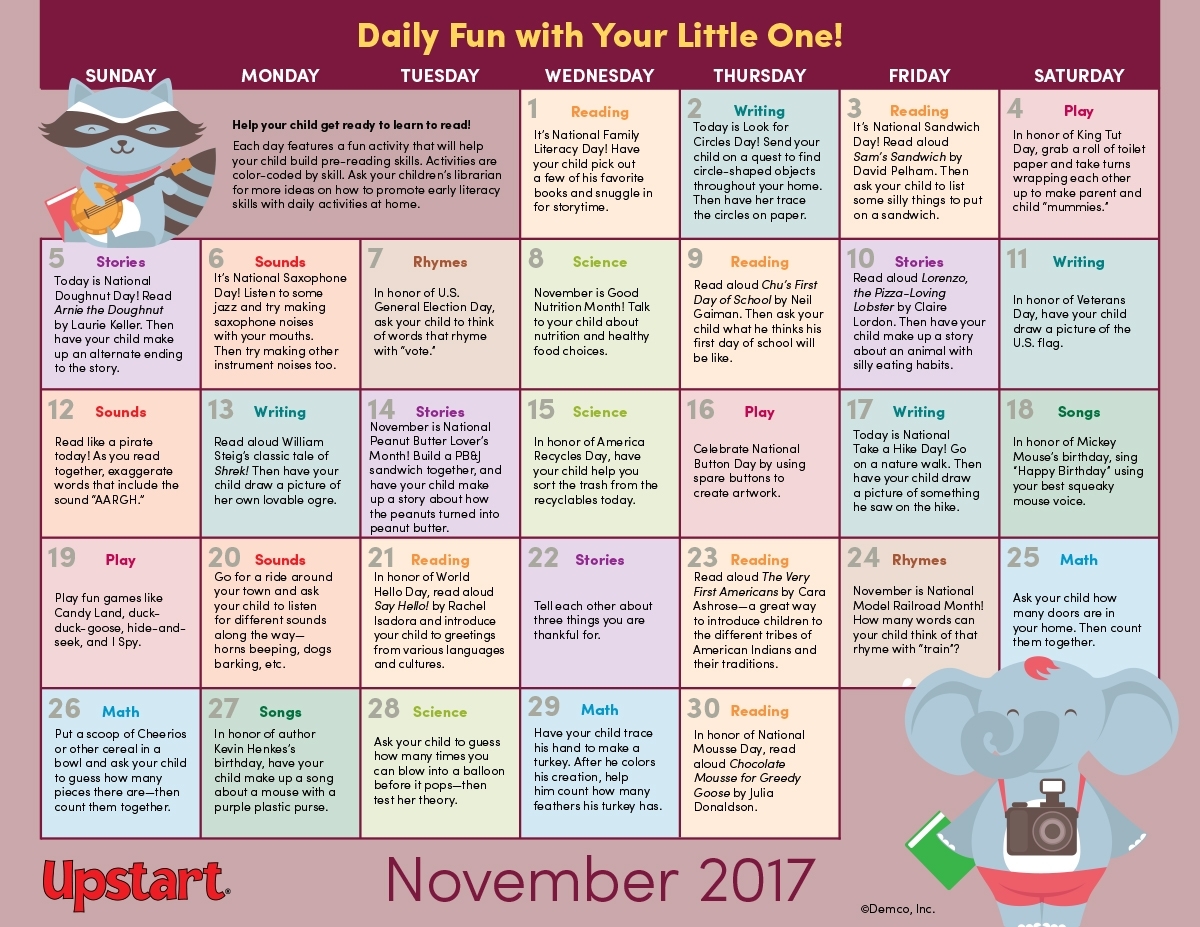 Early Literacy Activity Calendar: November 2017 in Ideas For Calendar In November