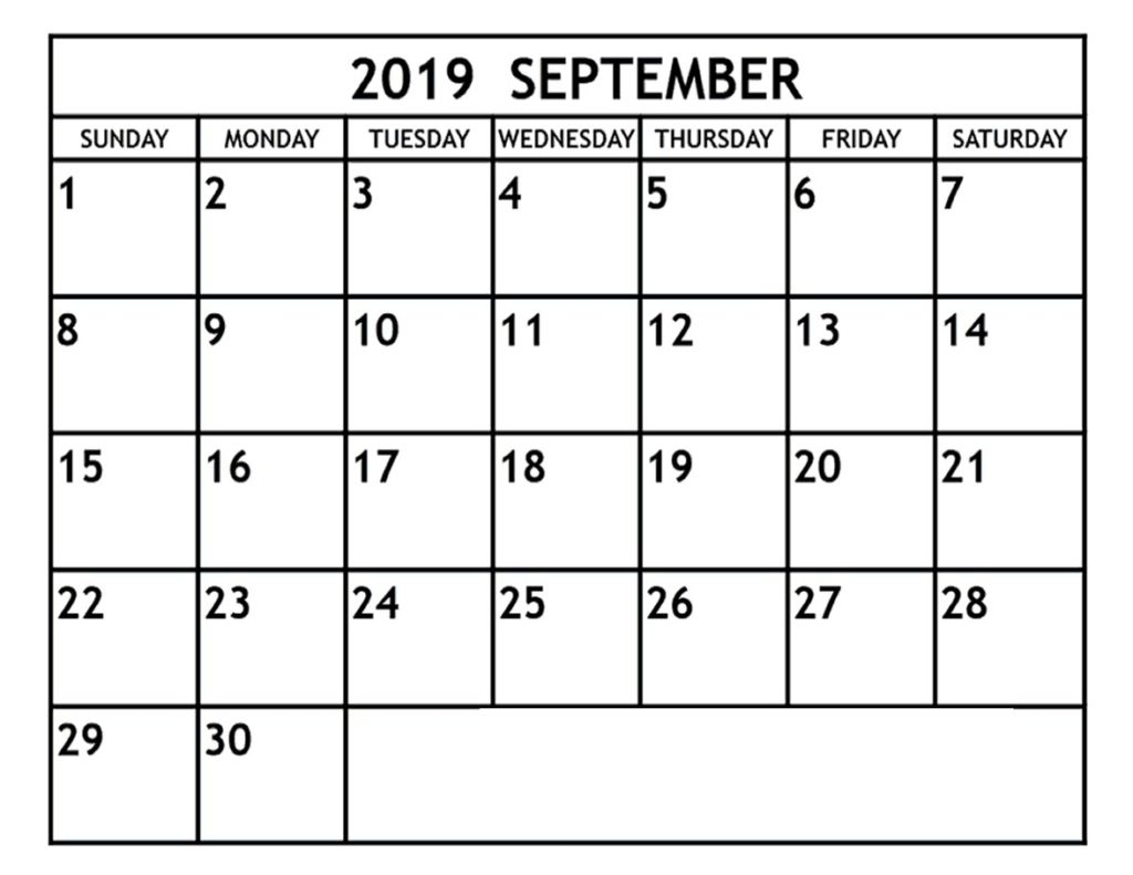 Editable September 2019 Printable Calendar Blank Template - Daily regarding Blank Screensaver Template To Print