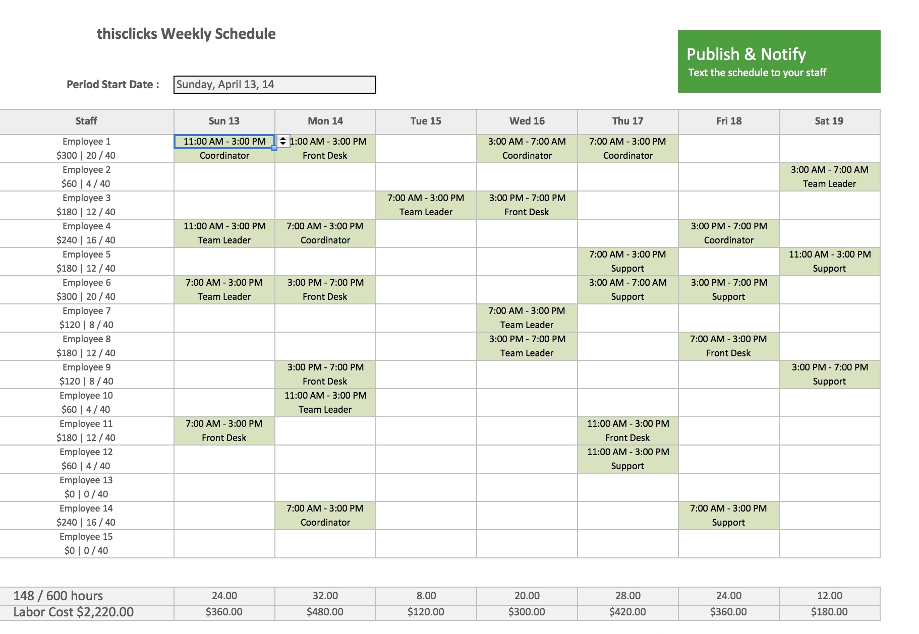 weekly work shift schedule template