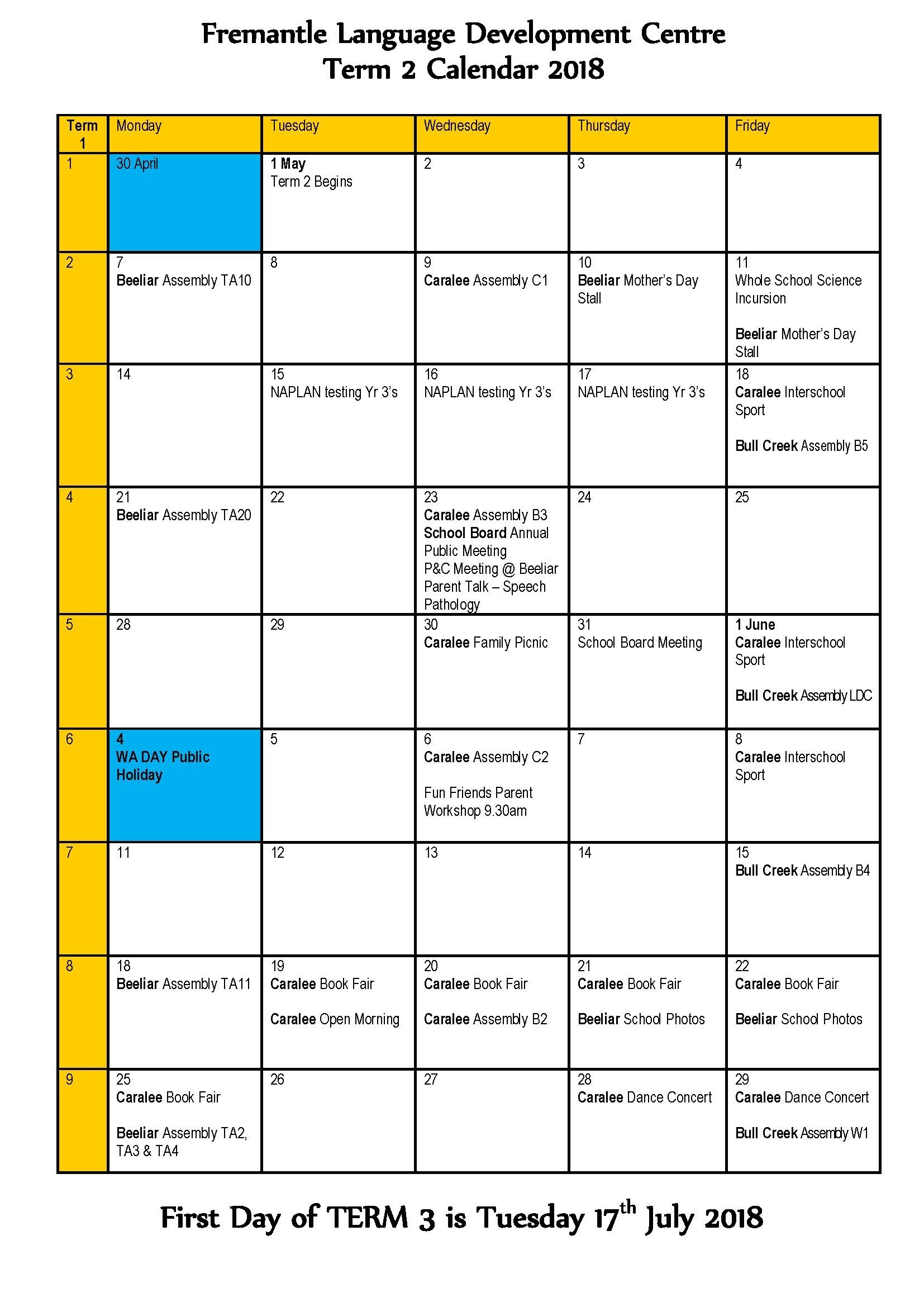 Event News: Term 2 Calendar 2018 – Fremantle Language Development Centre inside Calender Of Term 1 Events