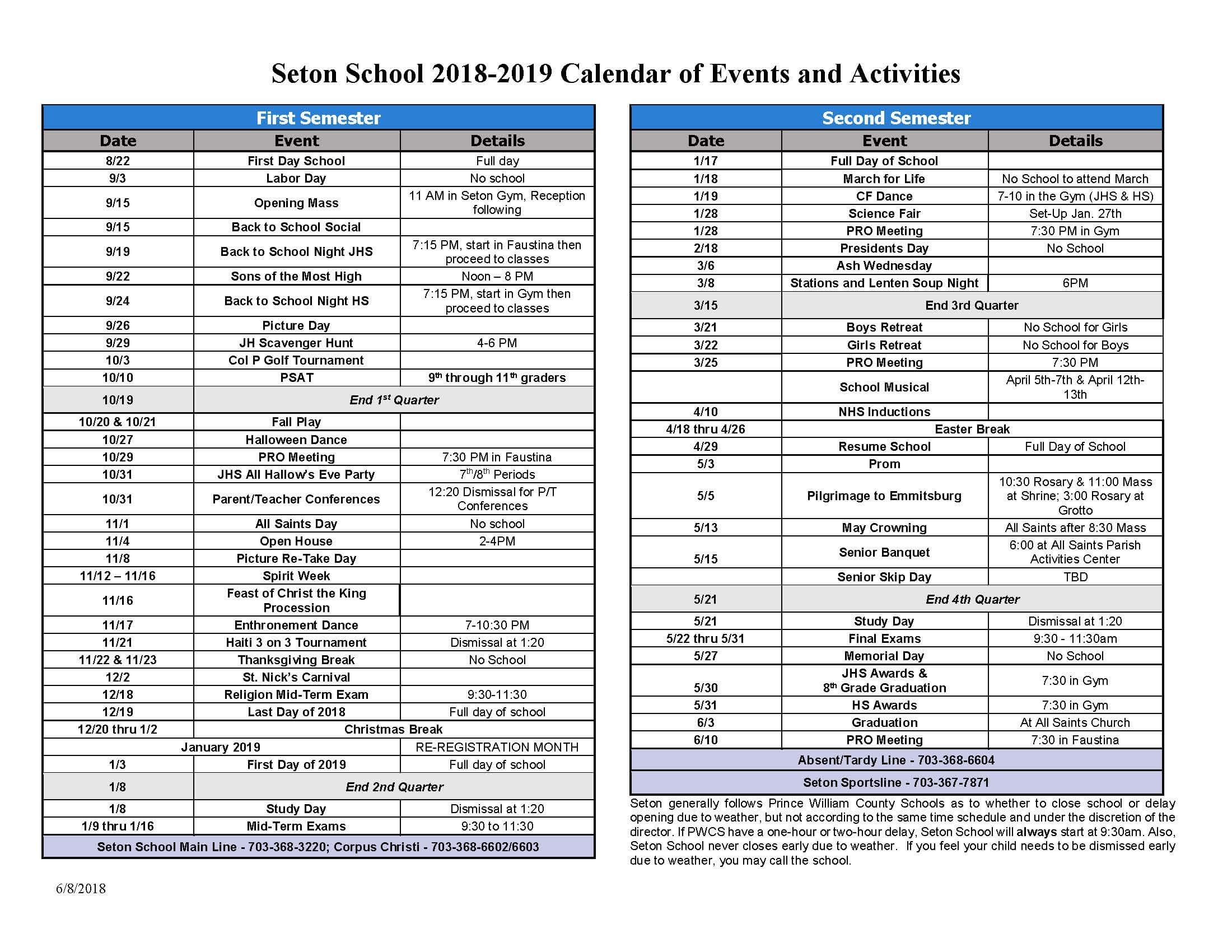 Calender Of Term 1 Events